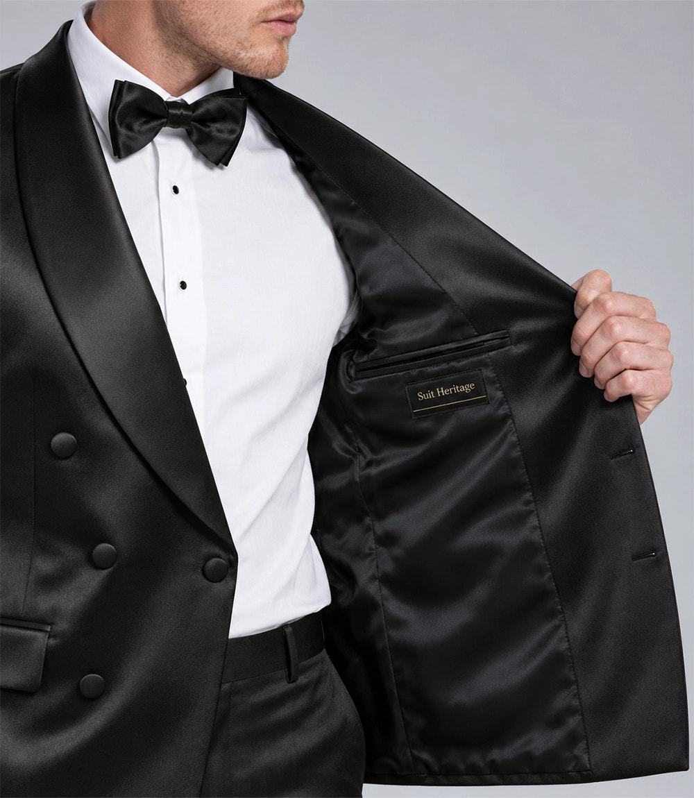 Men's Black Satin Double Breasted Tuxedo Inner - Suit Heritage