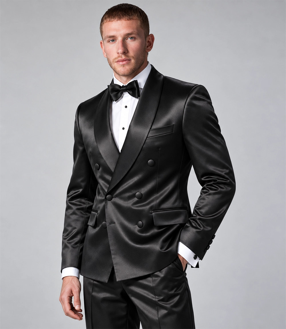Shop Men's Black Satin Double Breasted Tuxedo - Suit Heritage