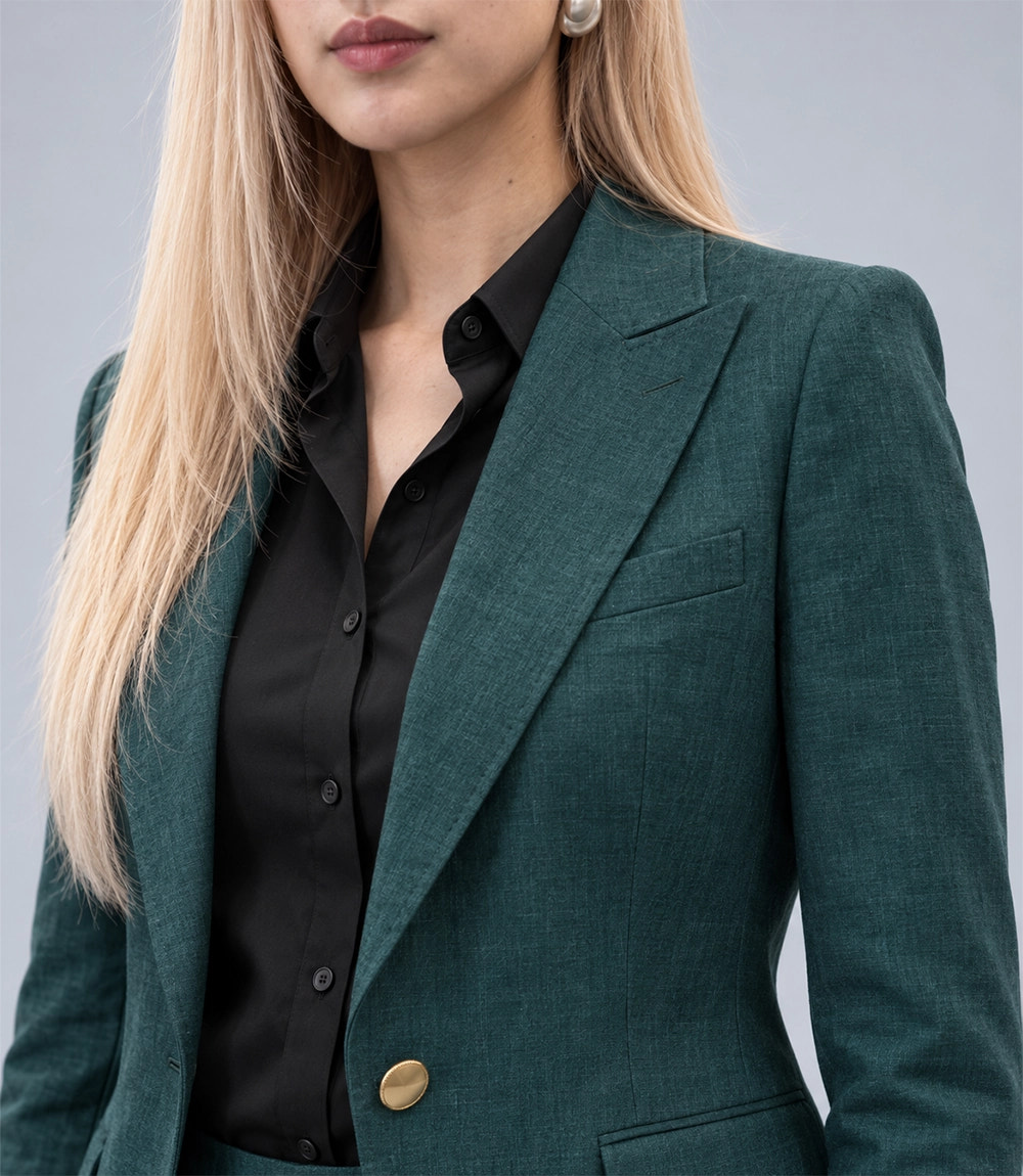 Women's Green Linen 2 Piece Suit Closeup - Suit Heritage