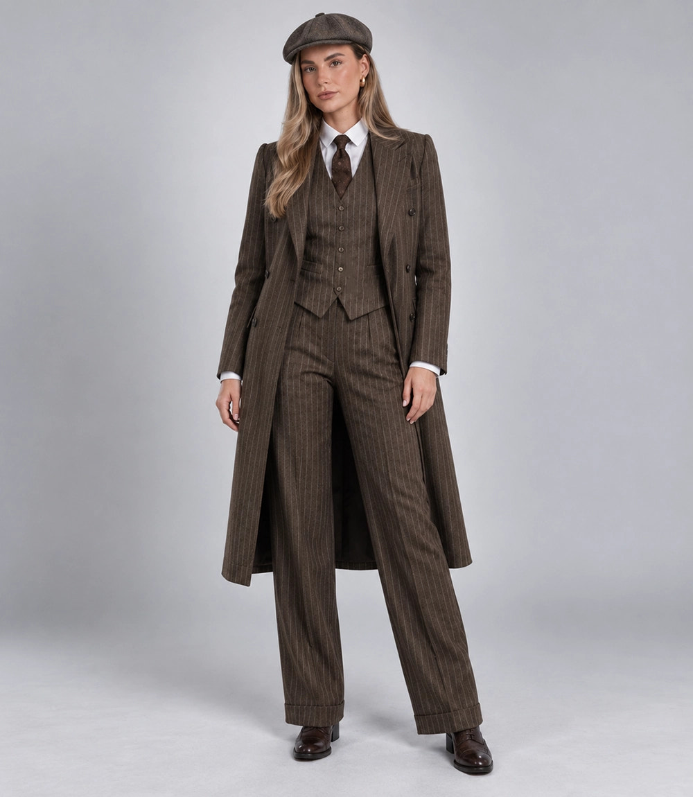 1920s Women's Peaky Blinder Brown Pinstripe Overcoat - Suit Heritage