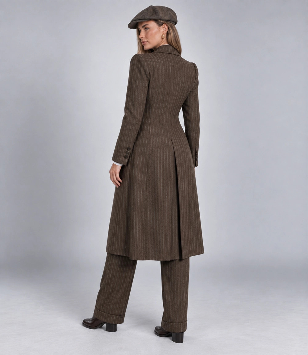 1920s Women's Peaky Blinder Brown Pinstripe Overcoat Back - Suit Heritage