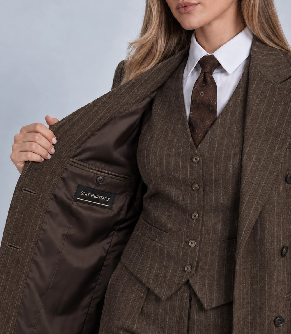 1920s Women's Peaky Blinder Brown Pinstripe Overcoat Inner - Suit Heritage