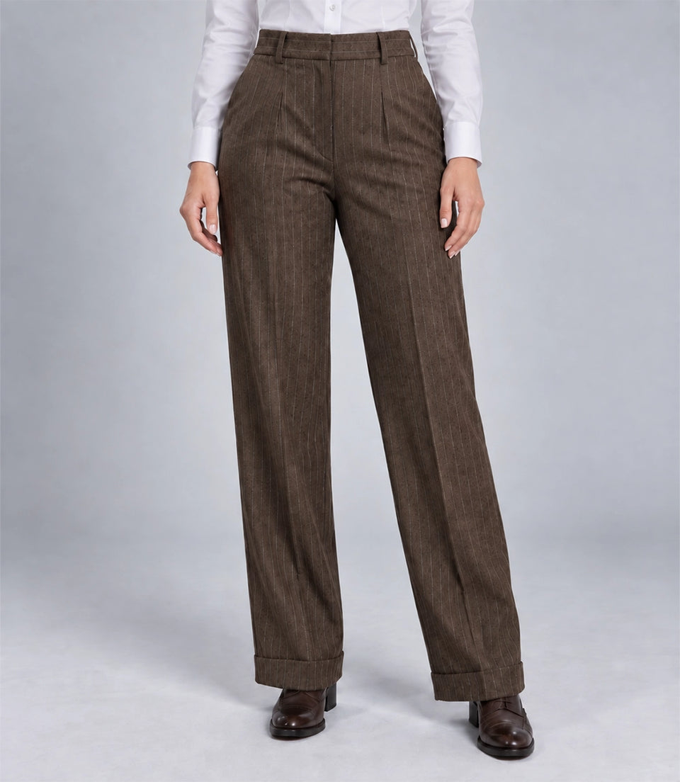 1920s Women's Peaky Blinder Brown Pinstripe Overcoat Pant - Suit Heritage
