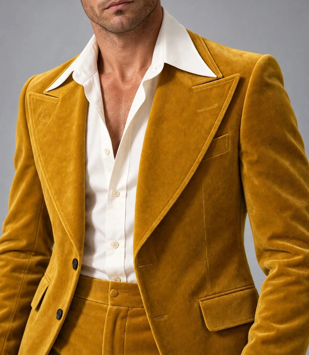 1970s Mustard Yellow Velvet Suit Closeup - Suit Heritage