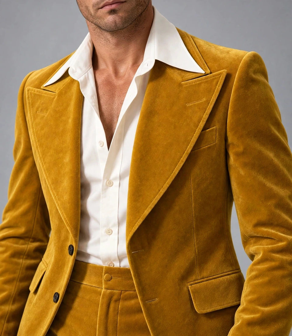 1970s Mustard Yellow Velvet Suit Closeup - Suit Heritage