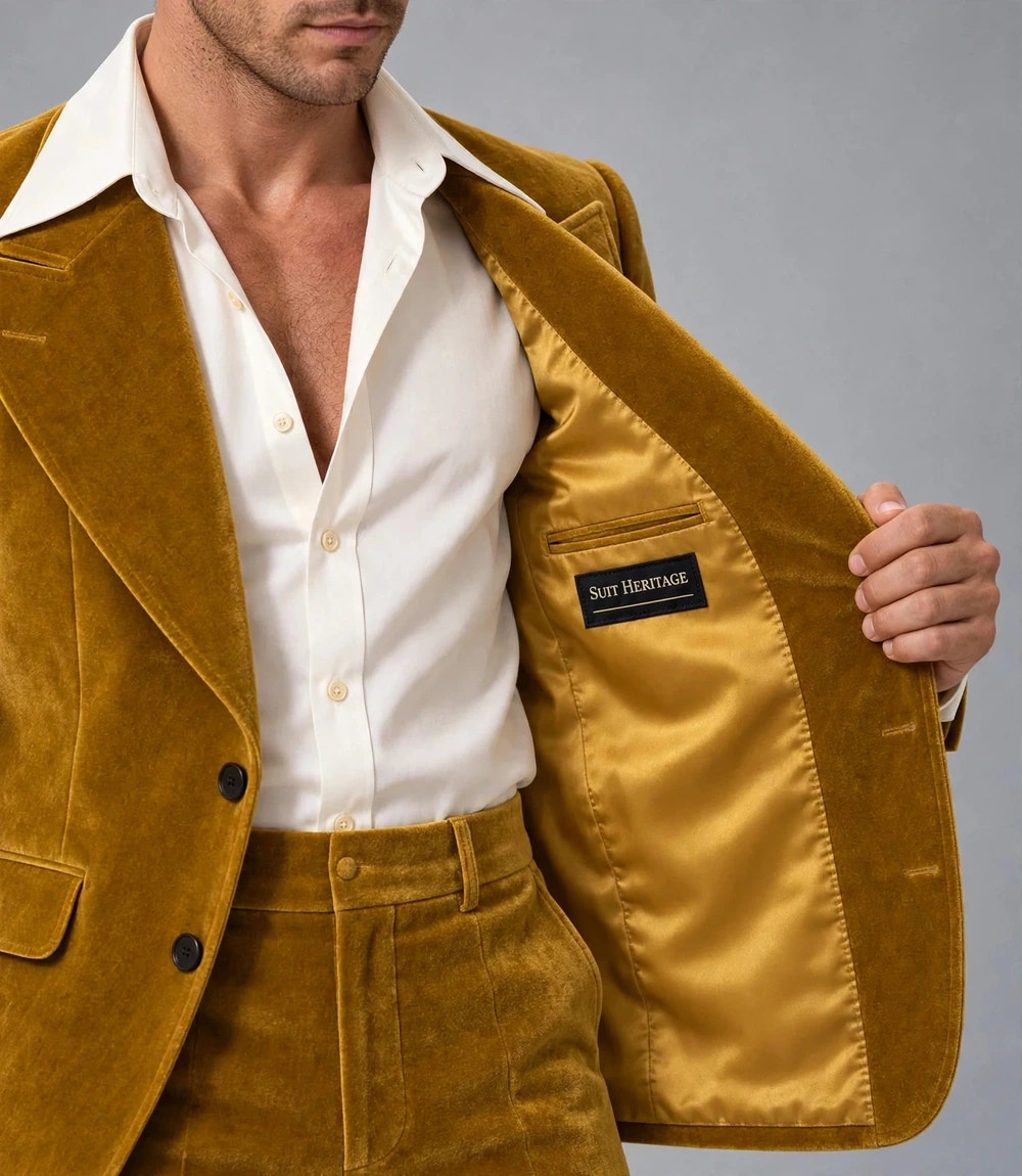 1970s Mustard Yellow Velvet Suit Inner - Suit Heritage
