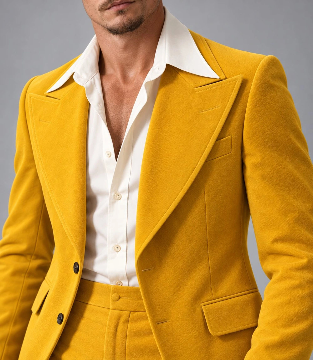 1970s Vintage Mustard Yellow Wedding Suit Closeup - Suit Heritage