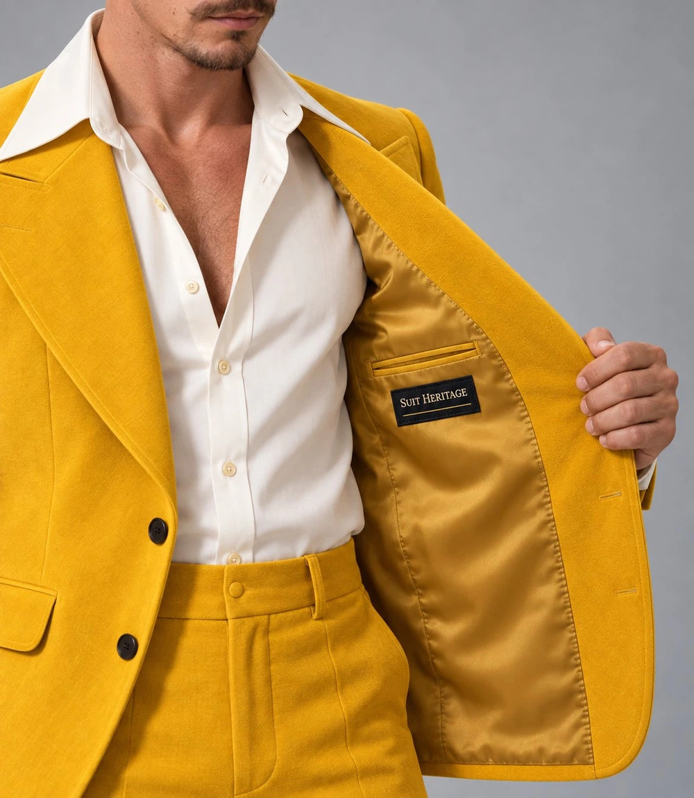 1970s Vintage Mustard Yellow Wedding Suit Inner - Suit Heritage