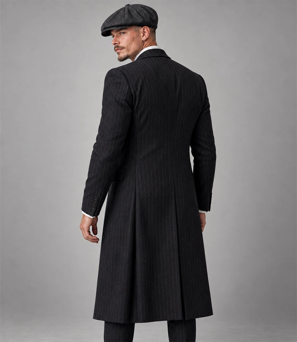 20s Men's Black Pinstriped 3 Piece Suit Back - Suit Heritage