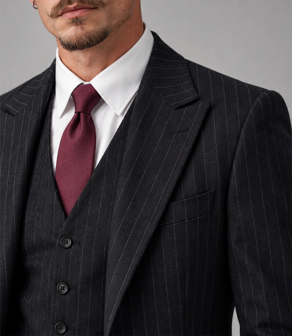 20s Men's Black Pinstriped 3 Piece Suit Closeup - Suit Heritage