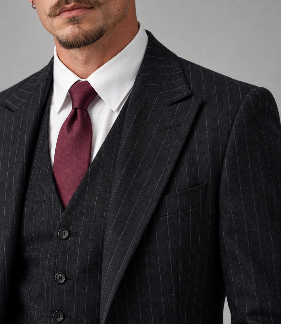 20s Men's Black Pinstriped 3 Piece Suit Closeup - Suit Heritage
