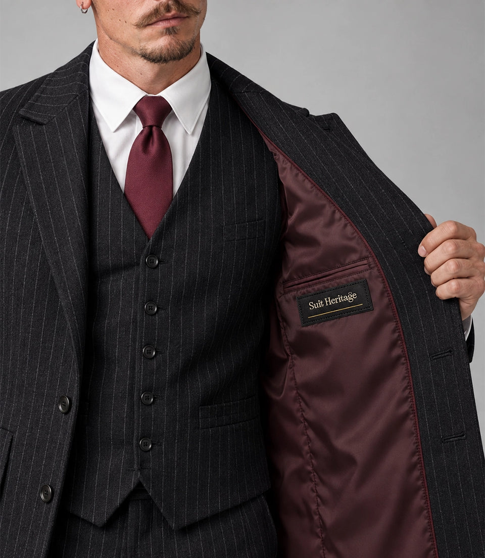 20s Men's Black Pinstriped 3 Piece Suit Inner - Suit Heritage
