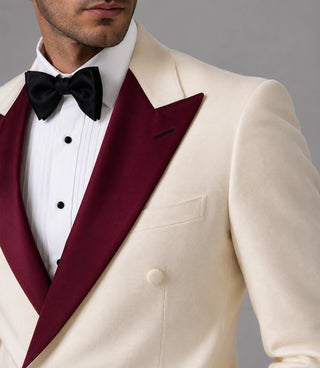 70s Men's Ivory Double Breasted Groom Tuxedo Closeup - Suit Heritage