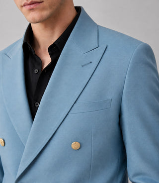 70s Men's Light Blue Double Breasted Wedding Suit Closeup - Suit Heritage