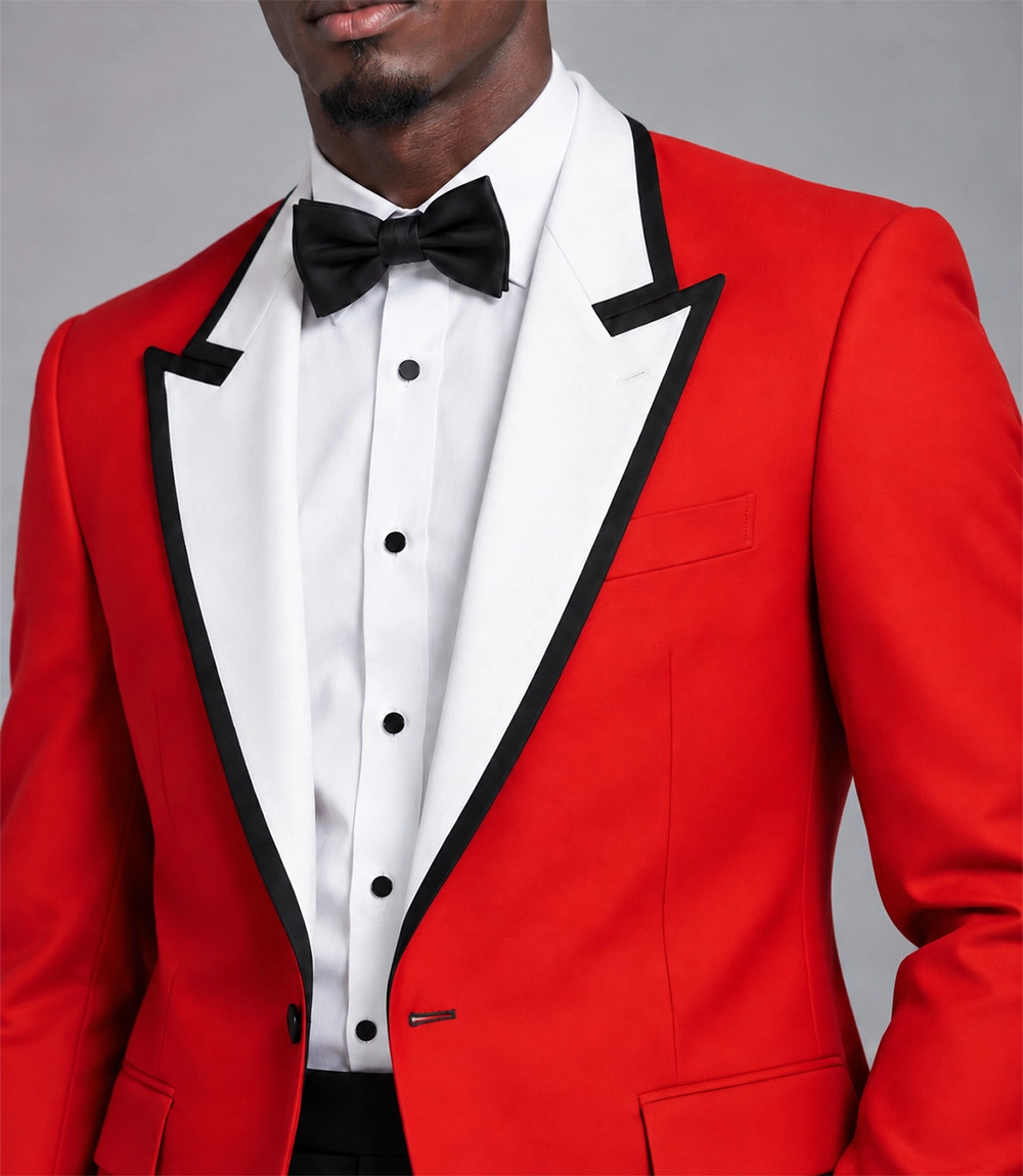 70s Red & White Contrast Lapel Tuxedo Closeup - Suit Heritage