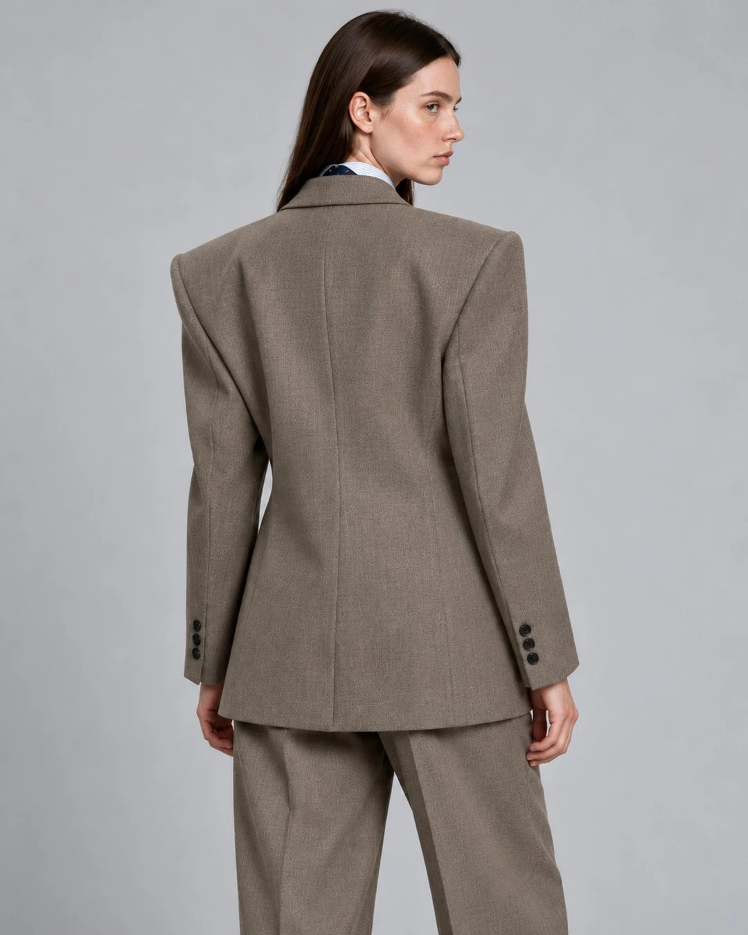 80s Women's Taupe Oversized Style Power Suit Back  -  Suit Heritage