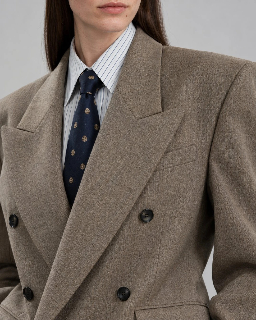 80s Women's Taupe Oversized Style Power Suit Closeup -  Suit Heritage