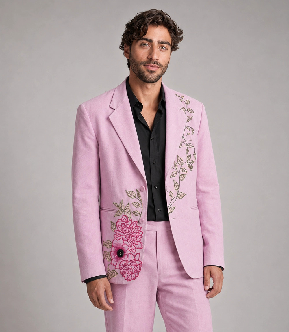 Men's Vintage Bubblegum Pink Artwork Embroidered Suit - Suit Heritage