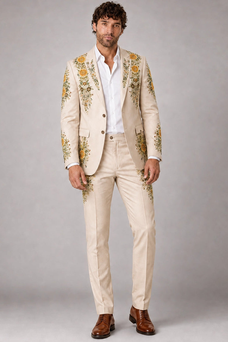 Men's Beige Floral Embroidery Suit - Suit Heritage