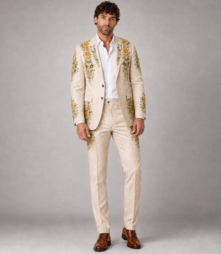 Men's Beige Floral Embroidery Suit - Suit Heritage