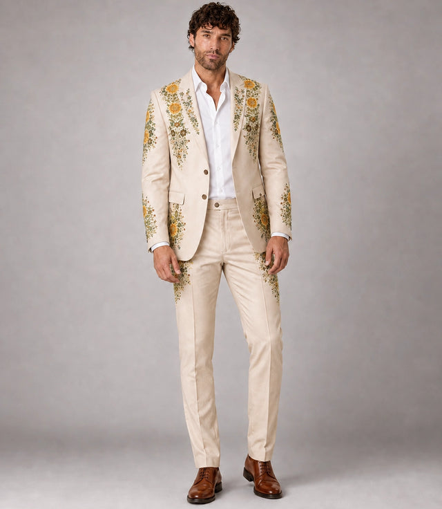 Men's Beige Floral Embroidery Suit - Suit Heritage