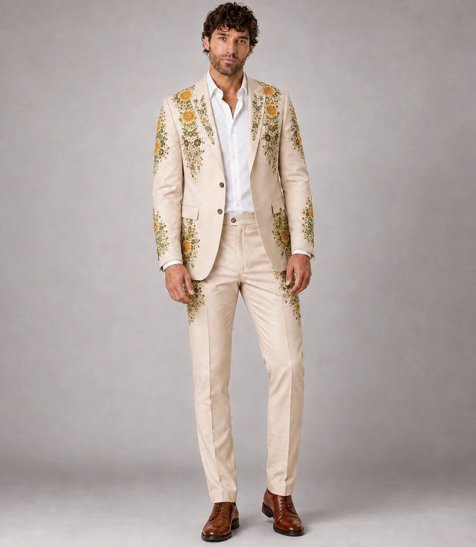 Men's Beige Floral Embroidery Suit - Suit Heritage