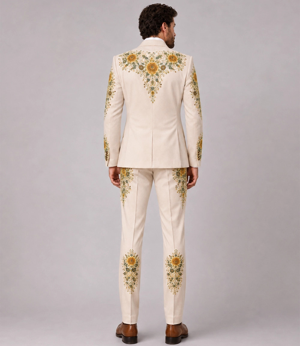 Men's Beige Floral Embroidery Suit Back - Suit Heritage