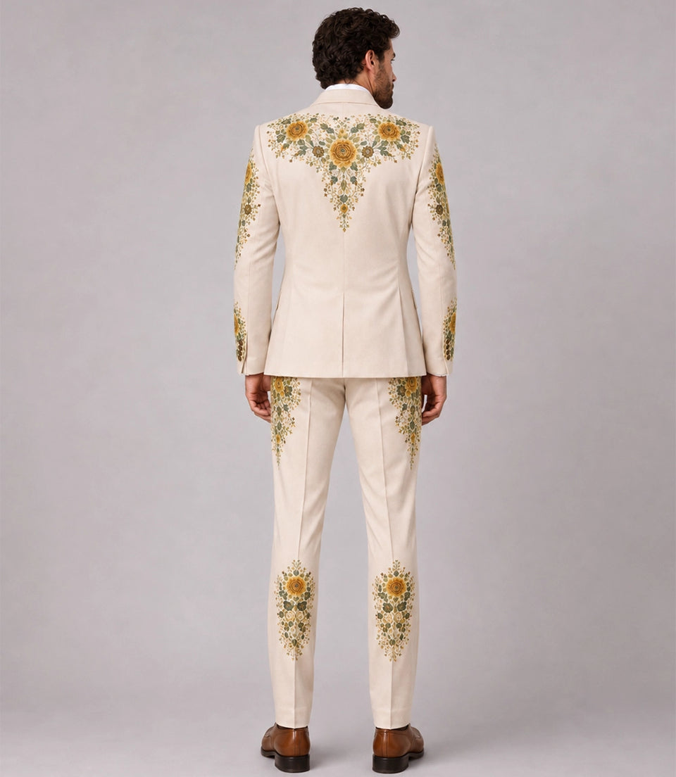 Men's Beige Floral Embroidery Suit Back - Suit Heritage
