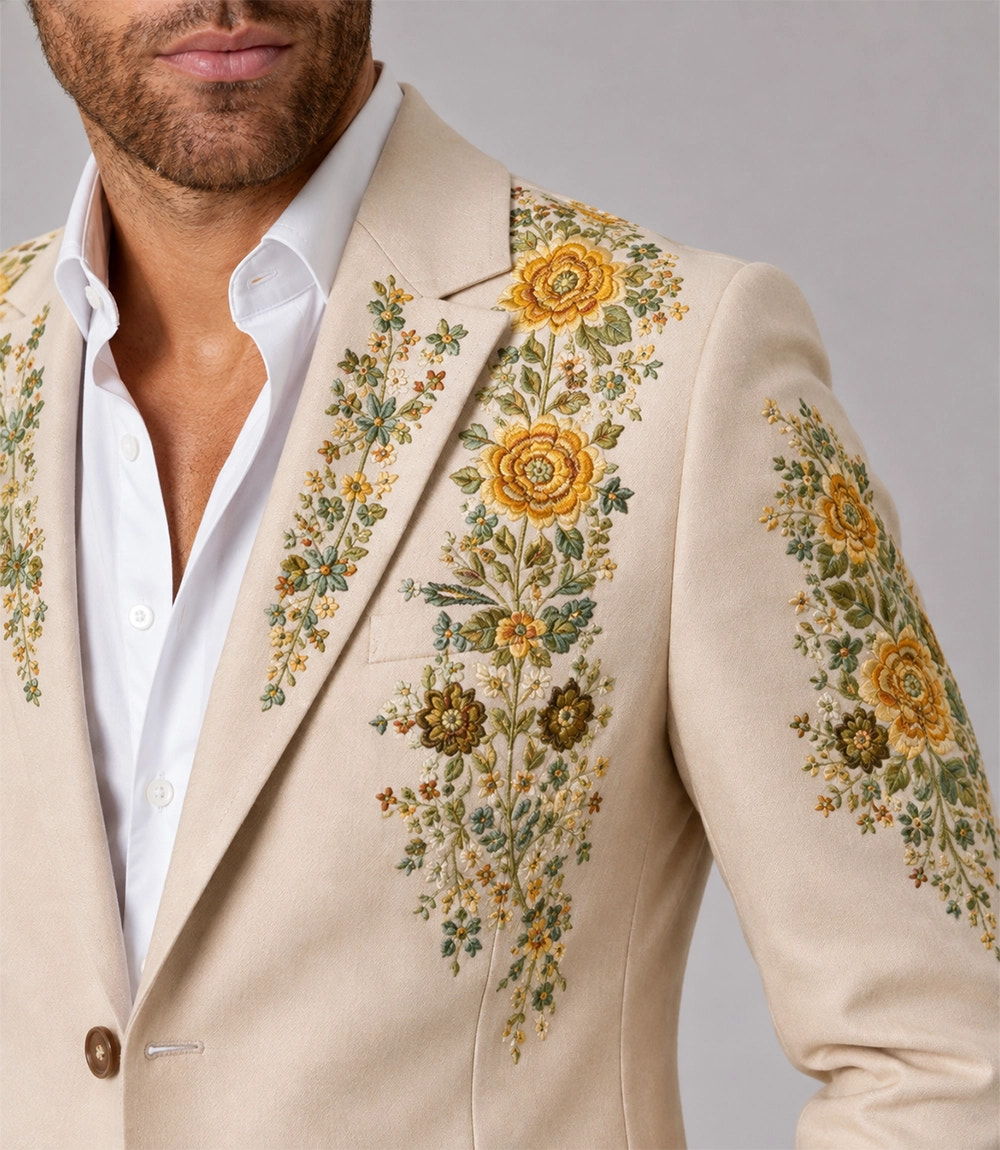 Men's Beige Floral Embroidery Suit Closeup - Suit Heritage