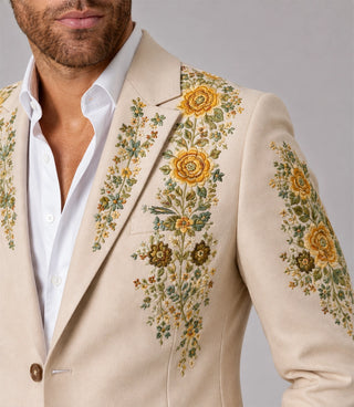 Men's Beige Floral Embroidery Suit Closeup - Suit Heritage