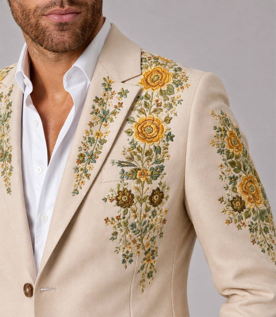 Men's Beige Floral Embroidery Suit Closeup - Suit Heritage