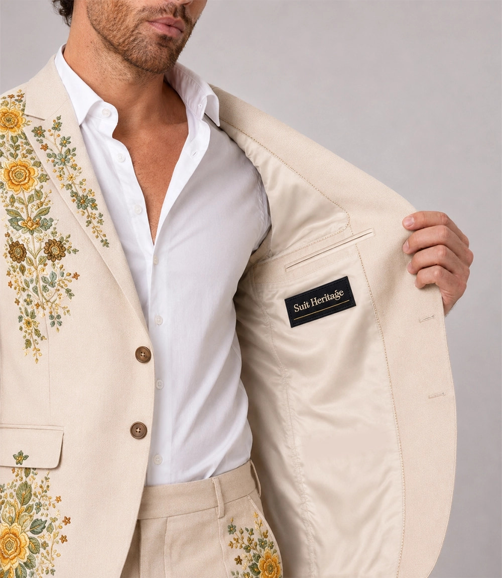 Men's Beige Floral Embroidery Suit Inner - Suit Heritage