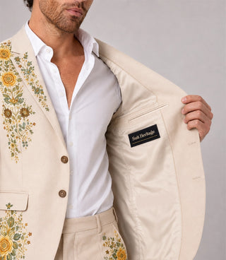 Men's Beige Floral Embroidery Suit Inner - Suit Heritage