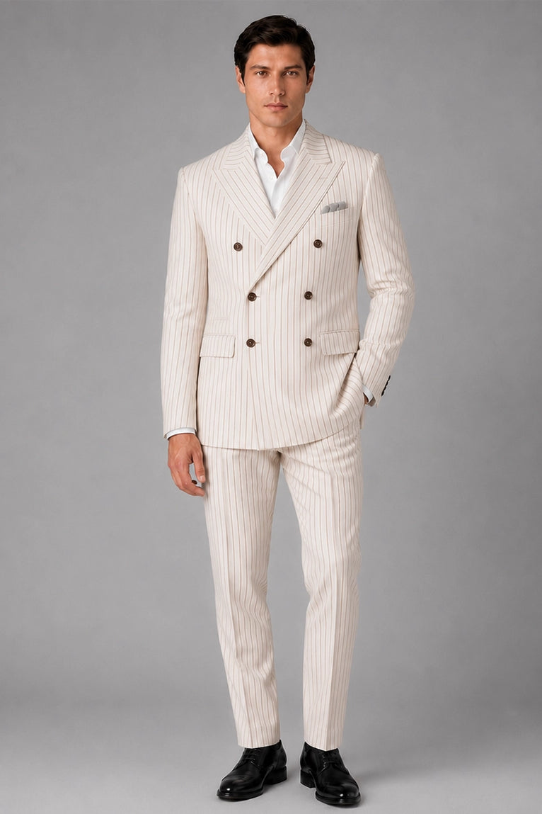 Men's Beige Pinstripe Double Breasted Groom Suit - Suit Heritage