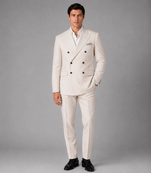 Men's Beige Pinstripe Double Breasted Groom Suit - Suit Heritage