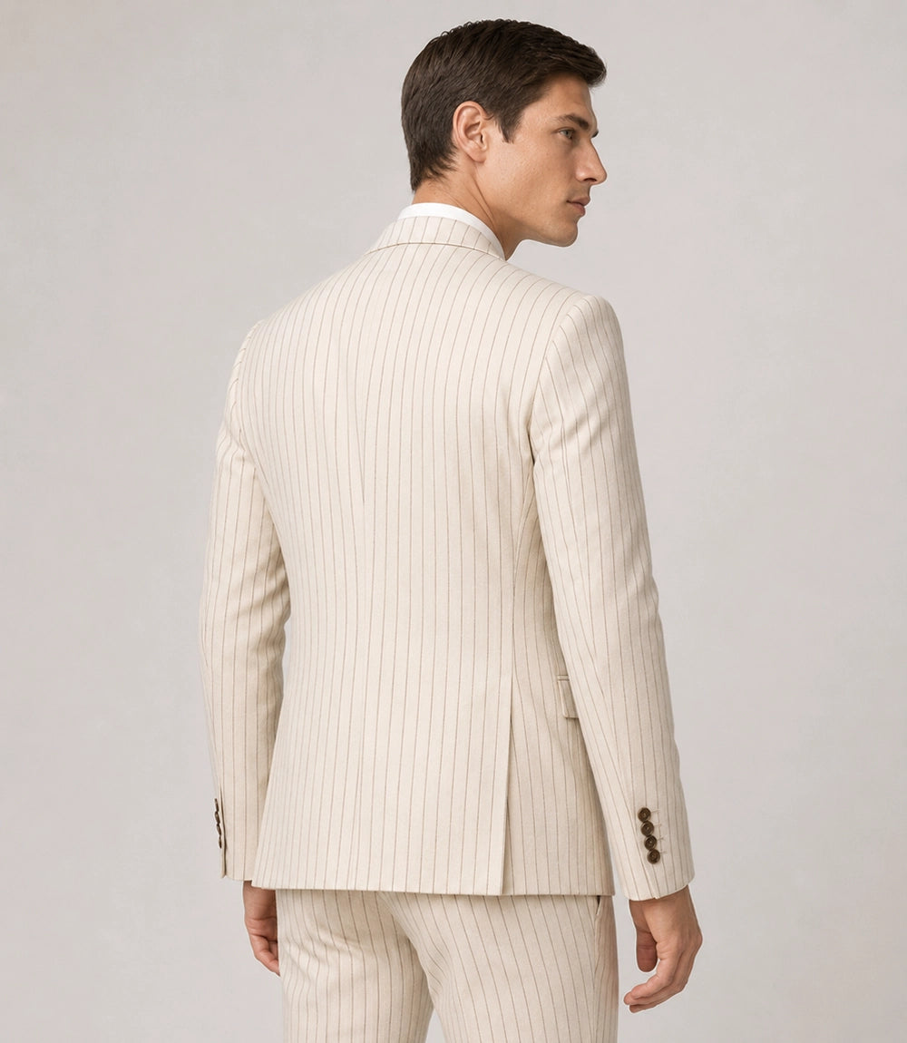 Men's Beige Pinstripe Double Breasted Groom Suit Back -  Suit Heritage