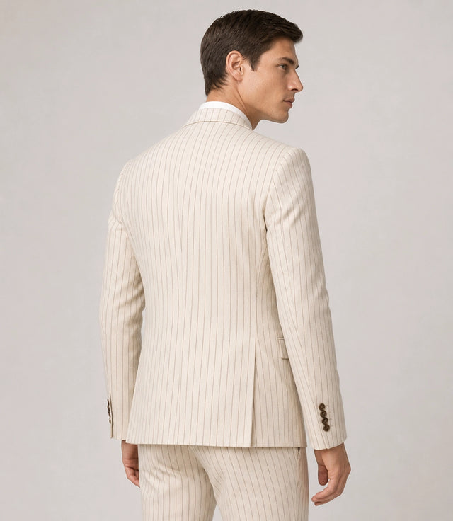Men's Beige Pinstripe Double Breasted Groom Suit Back -  Suit Heritage