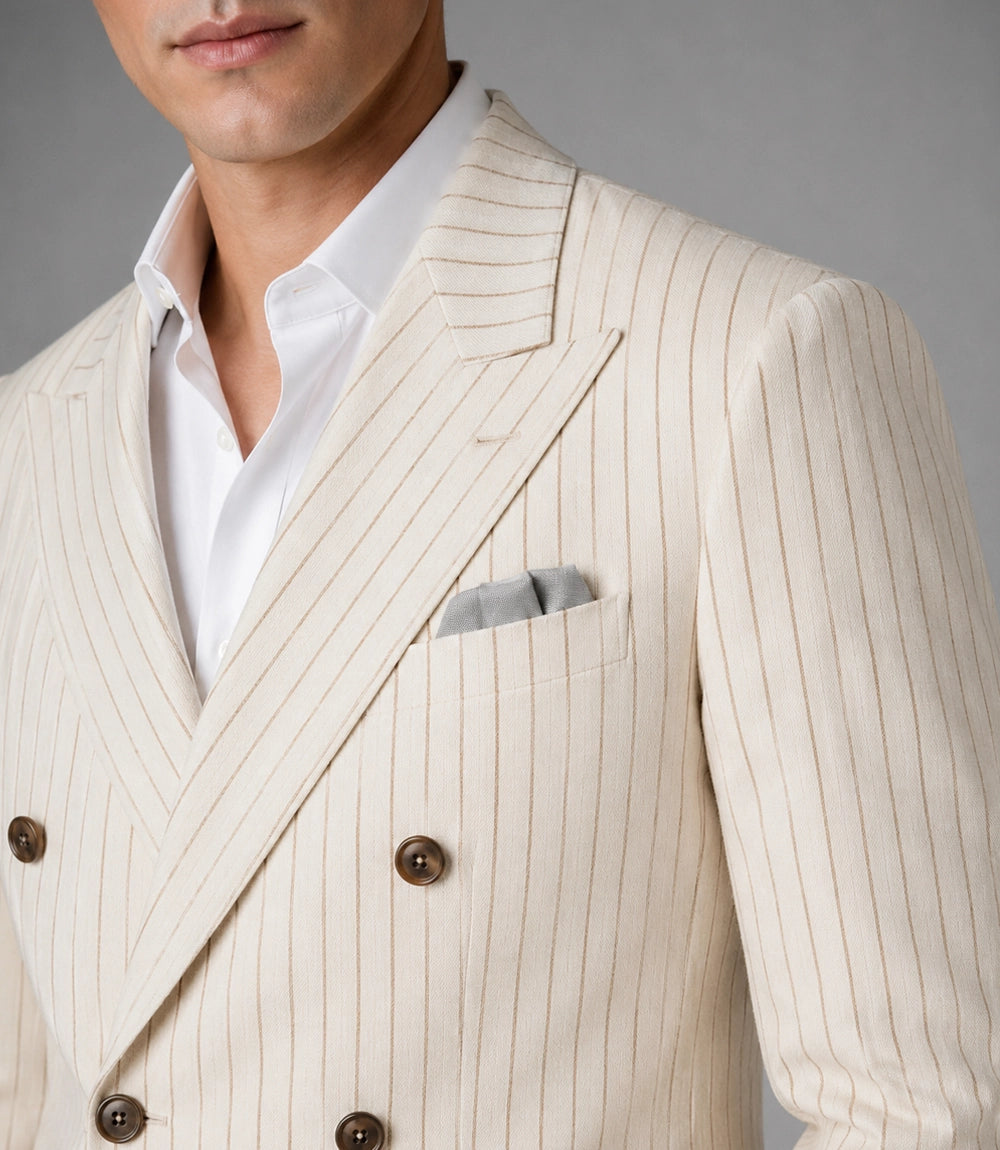Men's Beige Pinstripe Double Breasted Groom Suit Closeup - Suit Heritage