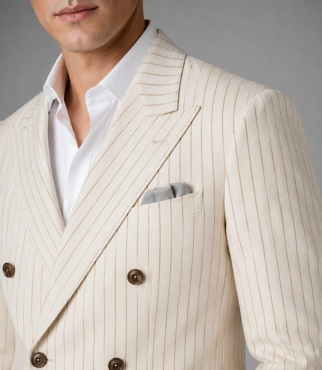 Men's Beige Pinstripe Double Breasted Groom Suit Closeup - Suit Heritage