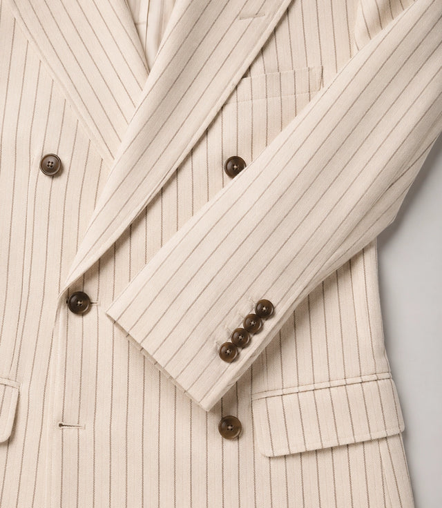 Men's Beige Pinstripe Double Breasted Groom Suit Fabric - Suit Heritage