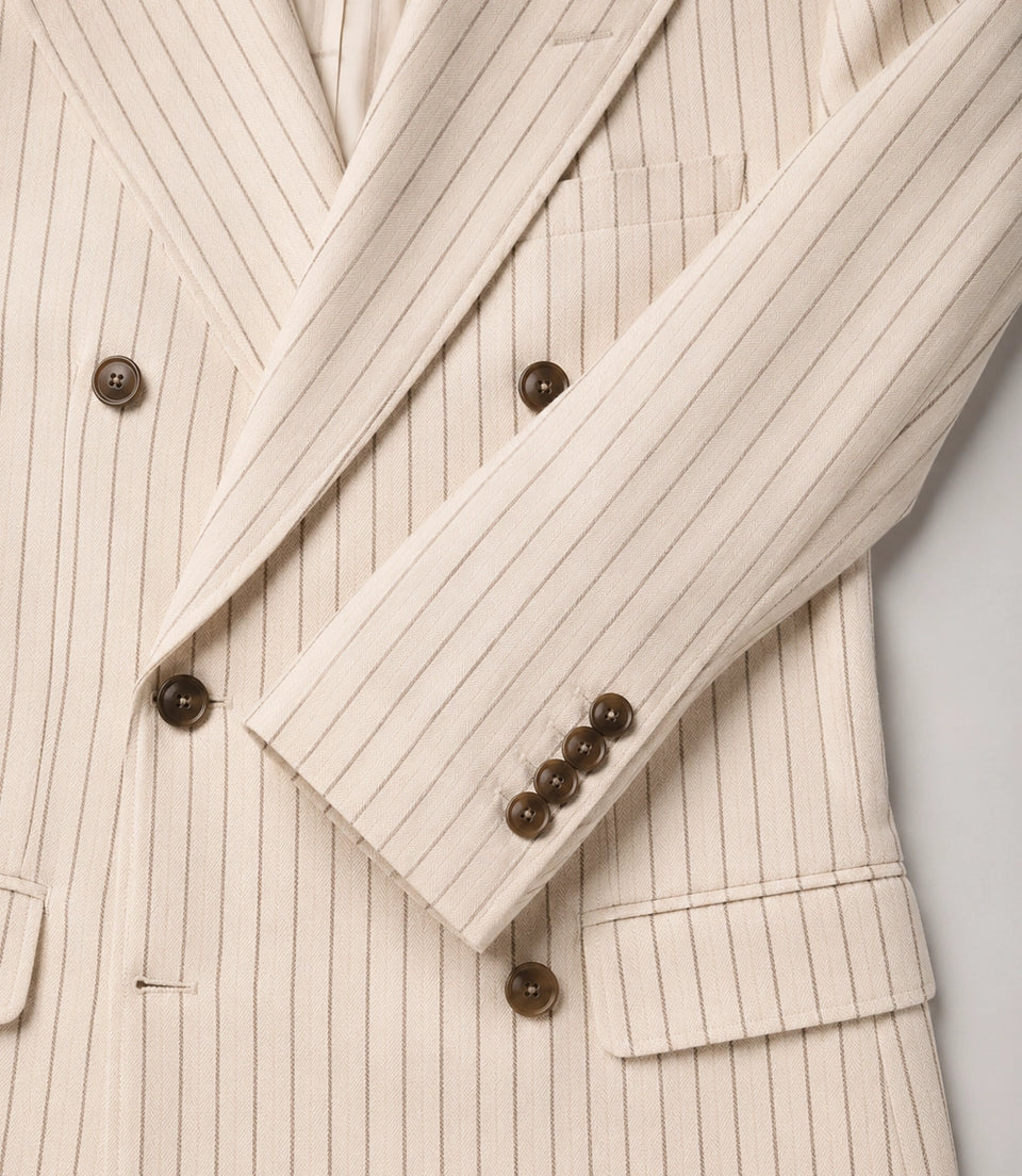 Men's Beige Pinstripe Double Breasted Groom Suit Fabric - Suit Heritage