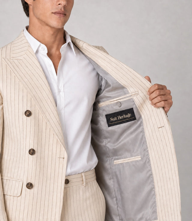 Men's Beige Pinstripe Double Breasted Groom Suit Inner - Suit Heritage