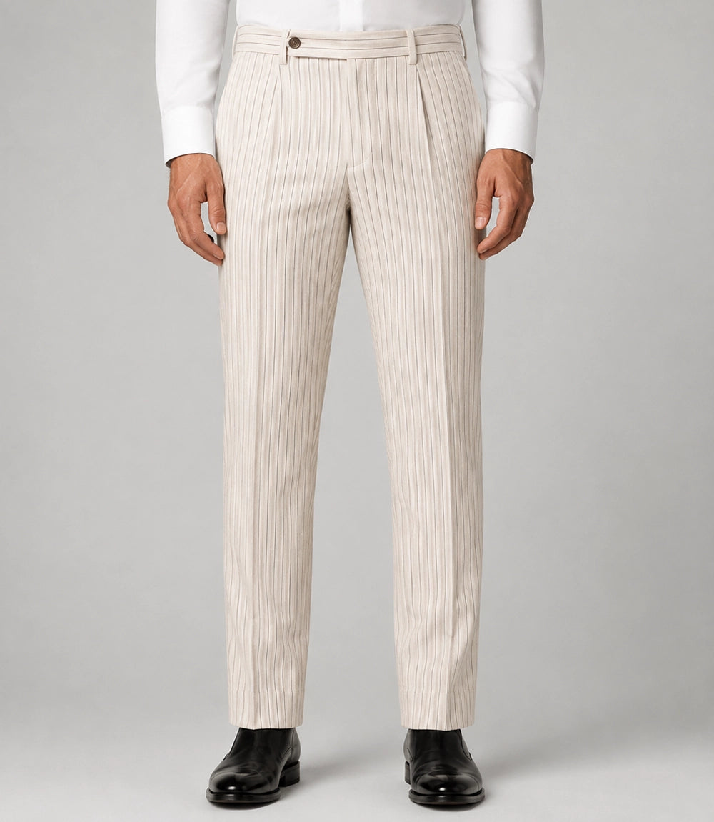Men's Beige Pinstripe Double Breasted Groom Suit Pant  - Suit Heritage