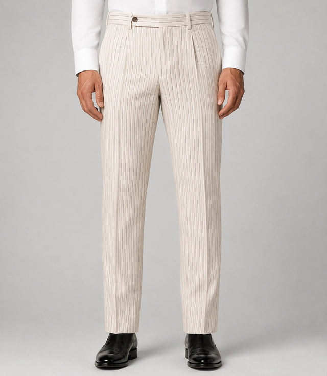 Men's Beige Pinstripe Double Breasted Groom Suit Pant  - Suit Heritage