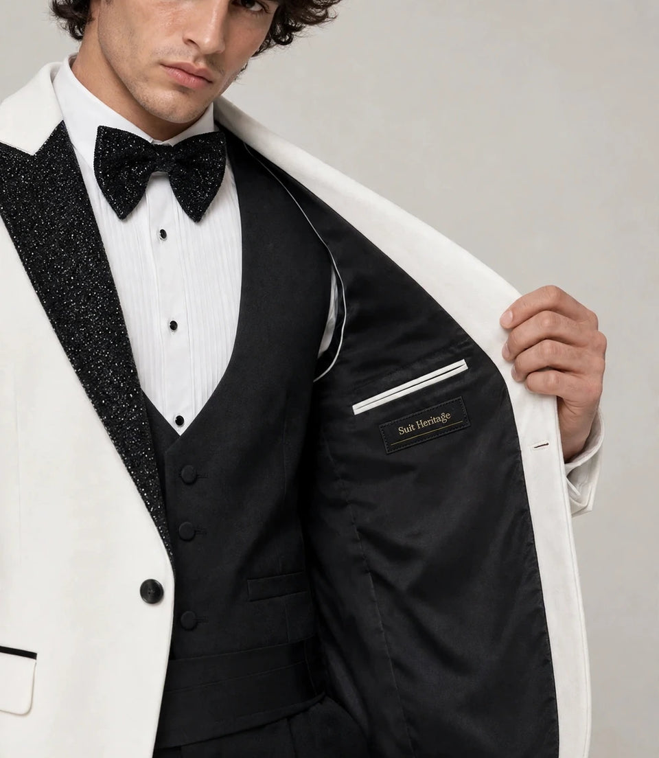 Men's Black And White 3 Piece Wedding Tuxedo Inner  -  Suit Heritage