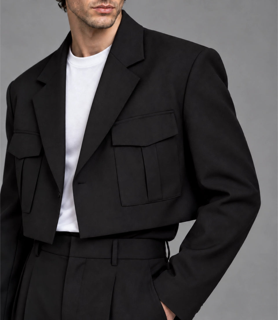 Men’s Black Cropped Blazer Suit Closeup -  Suit Heritage