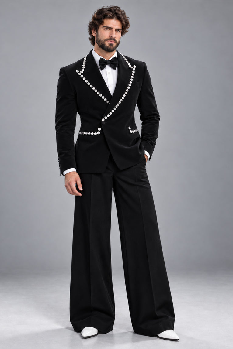 Men's Black Crystal Embellished Wide Leg Tuxedo - Suit Heritage