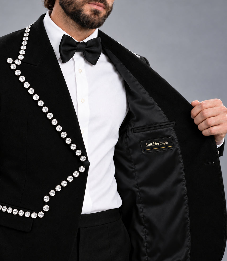 Men's Black Crystal Embellished Wide Leg Tuxedo Inner  -  Suit Heritage