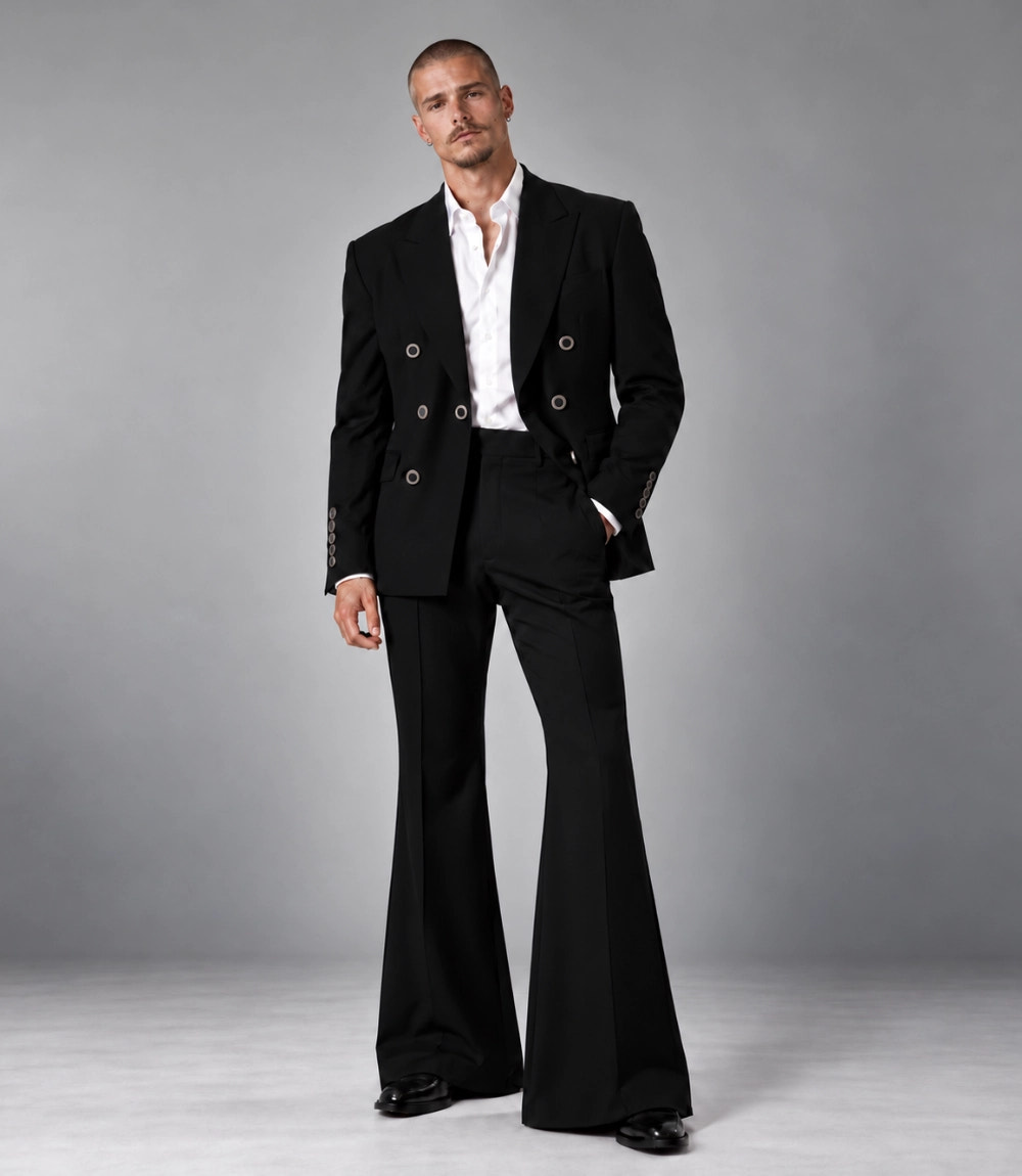 Men's Black Double Breasted Flared Pants Suit -  Suit Heritage
