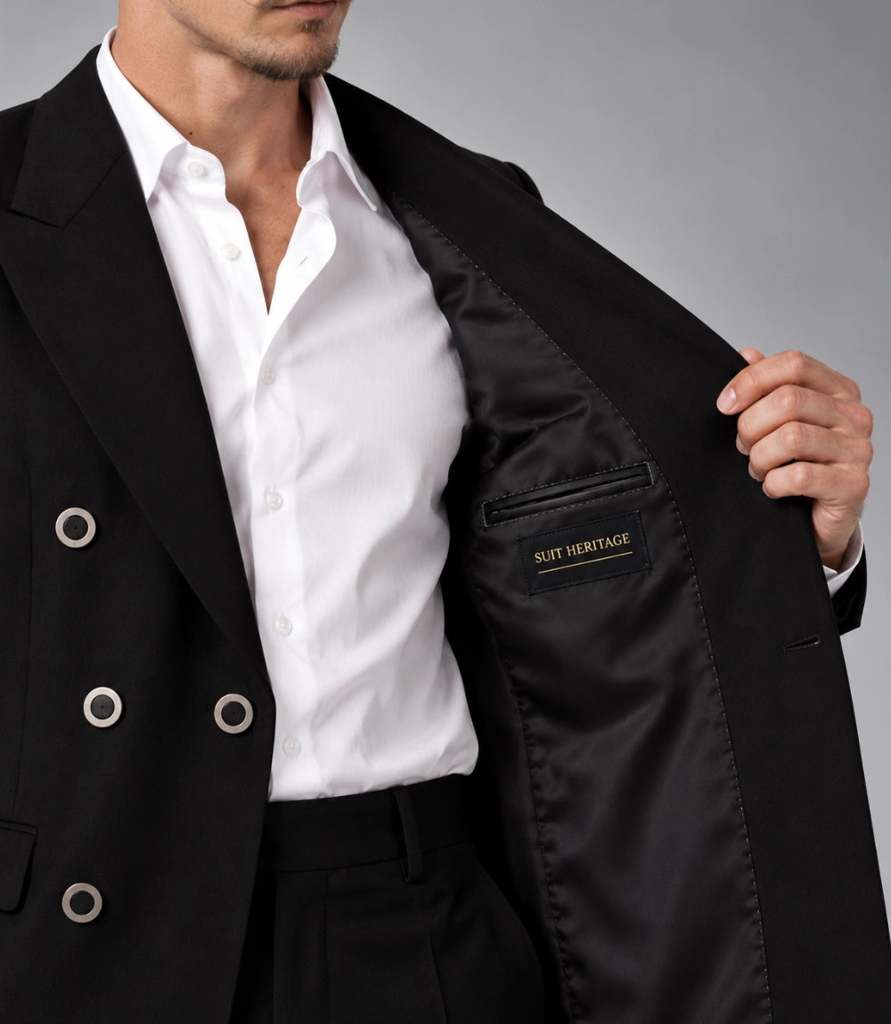 Men's Black Double Breasted Flared Pants Suit Inner  -  Suit Heritage